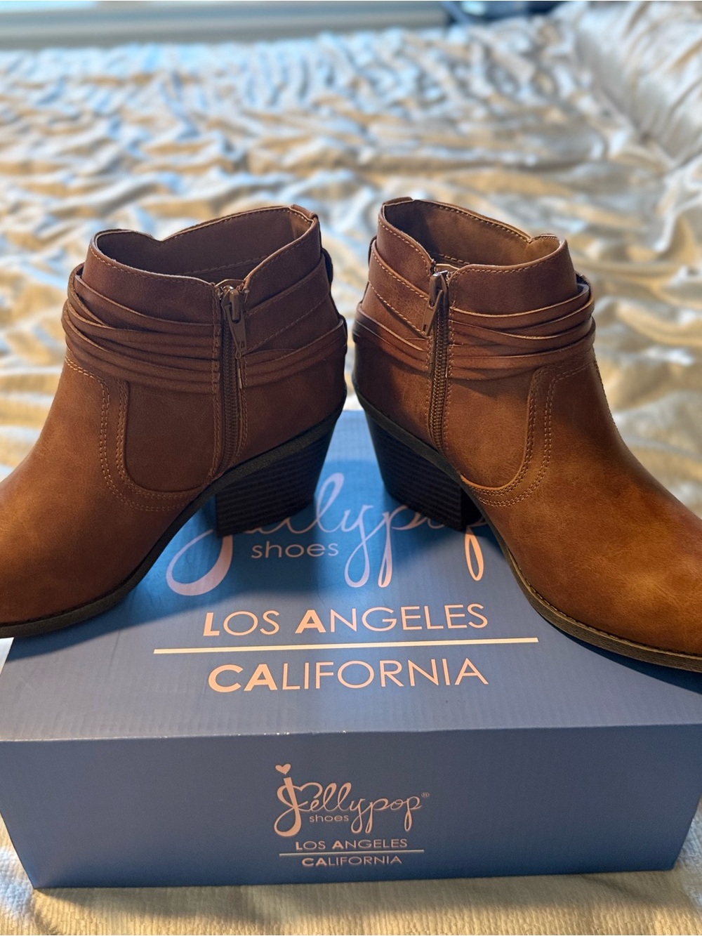 Jellypop Tan Faux-Leather Ankle Booties with Stacked Heel